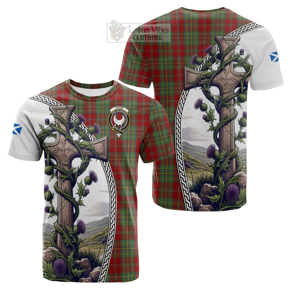 Tartan Vibes Clothing Leask Tartan Cotton T-shirt with Family Crest and St. Andrew's Cross Accented by Thistle Vines