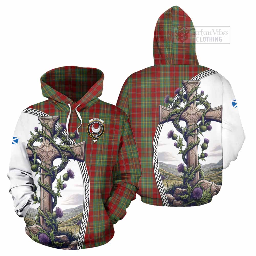 Tartan Vibes Clothing Leask Tartan Hoodie with Family Crest and St. Andrew's Cross Accented by Thistle Vines