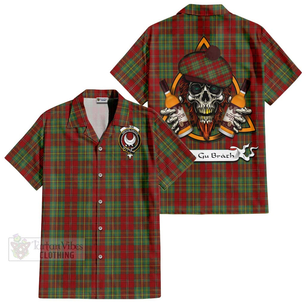 Tartan Vibes Clothing Leask Tartan Short Sleeve Button Shirt with Family Crest and Bearded Skull Holding Bottles of Whiskey