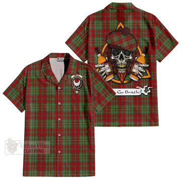 Leask Tartan Short Sleeve Button Shirt with Family Crest and Bearded Skull Holding Bottles of Whiskey