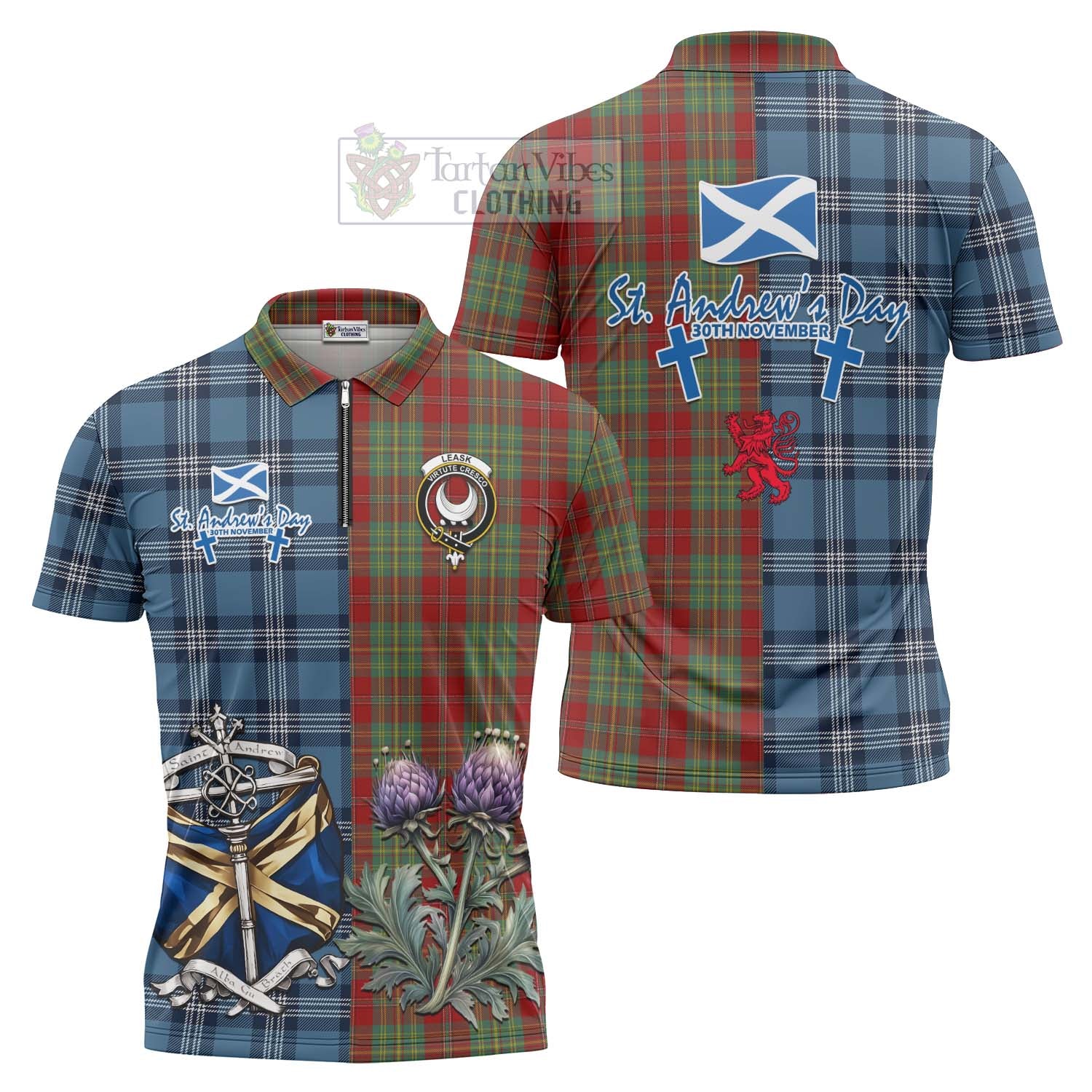 Tartan Vibes Clothing Leask Tartan Zipper Polo Shirt Happy St. Andrew's Day Half Tartan Style