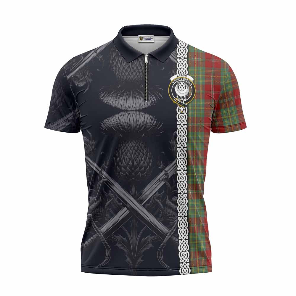 Tartan Vibes Clothing Leask Tartan Zipper Polo Shirt with Family Crest Cross Sword Thistle Celtic Vibes