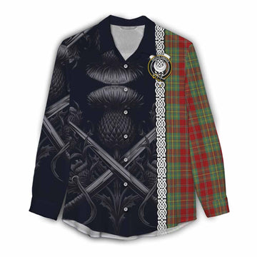 Leask Tartan Women's Casual Shirt with Family Crest Cross Sword Thistle Celtic Vibes Female - Tartan Vibes Clothing