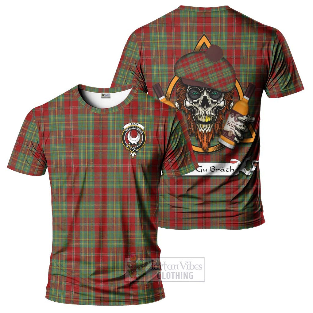 Tartan Vibes Clothing Leask Tartan T-Shirt with Family Crest and Bearded Skull Holding Bottles of Whiskey