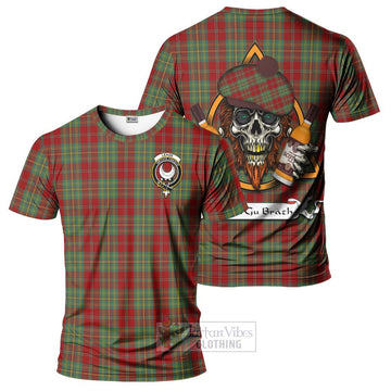 Leask Tartan T-Shirt with Family Crest and Bearded Skull Holding Bottles of Whiskey