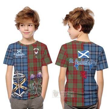 Leask Tartan Kid T-Shirt Happy St. Andrew's Day Half Tartan Style Youth XL Size14 - Tartan Vibes Clothing