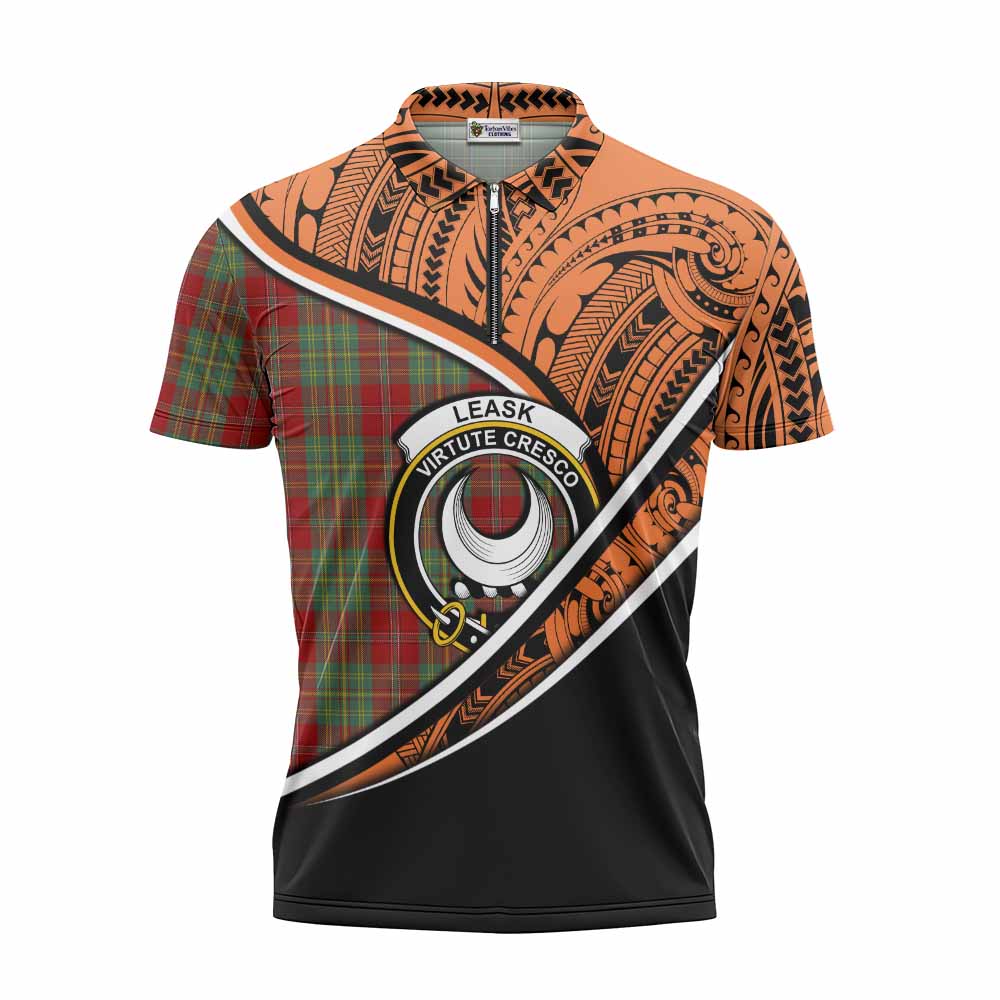 Tartan Vibes Clothing Leask Crest Tartan Zipper Polo Shirt with Maori Tattoo Style - Orange Version