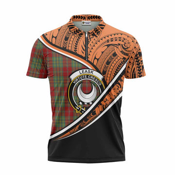 Leask Crest Tartan Zipper Polo Shirt with Polynesian Vibes Style - Orange Version