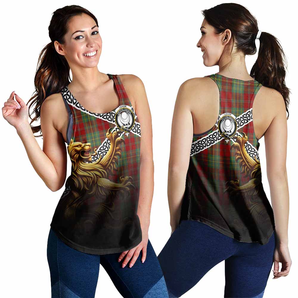 Leask Crest Tartan Women's Racerback Tanks with Golden Lion Emblem Celtic Style 4XL - Tartan Vibes Clothing