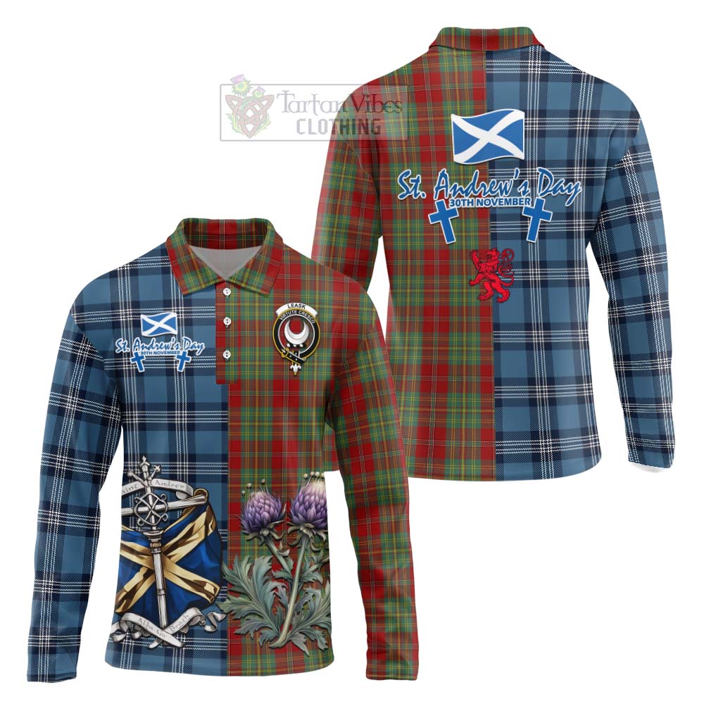 Tartan Vibes Clothing Leask Tartan Long Sleeve Polo Shirt Happy St. Andrew's Day Half Tartan Style