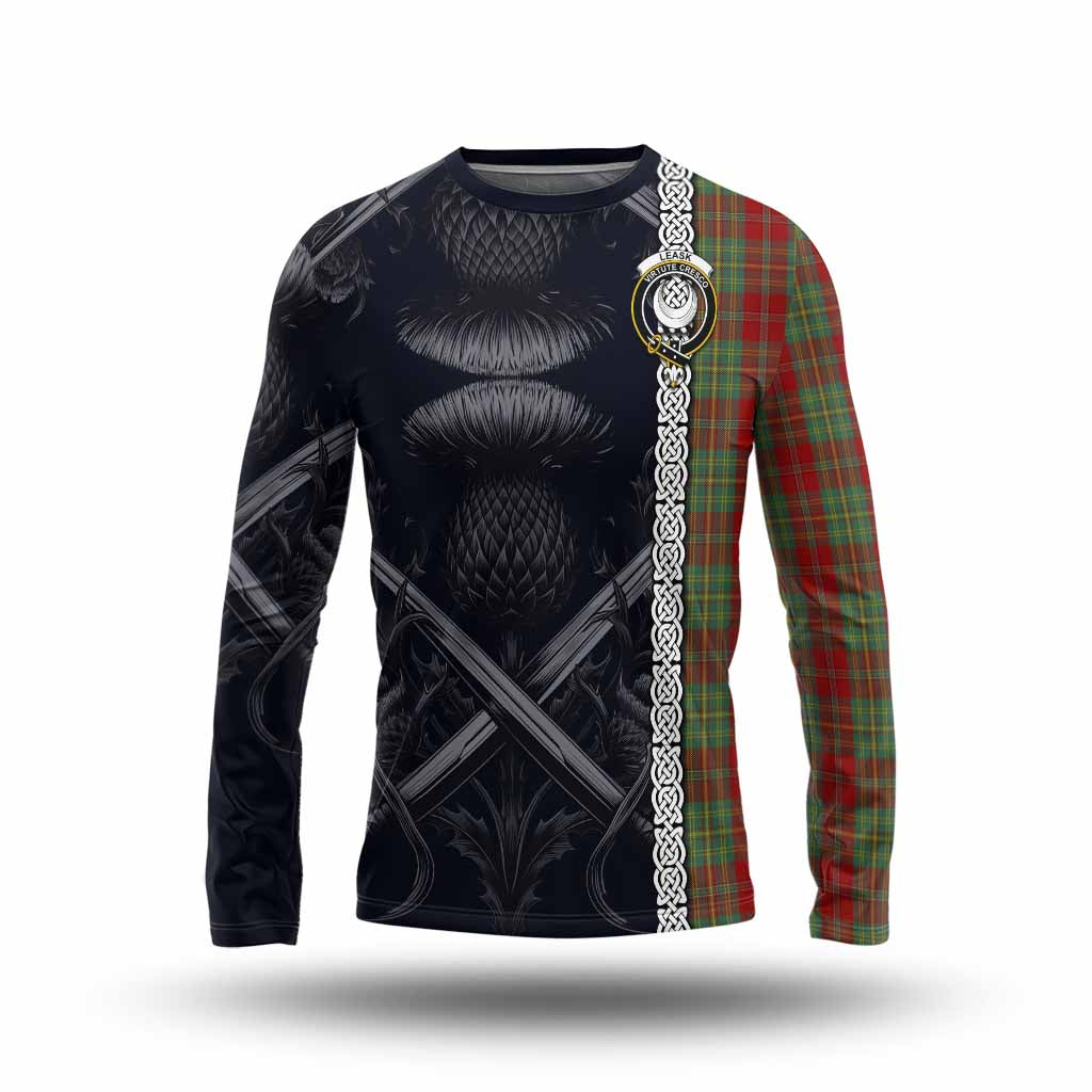 Tartan Vibes Clothing Leask Tartan Long Sleeve T-Shirt with Family Crest Cross Sword Thistle Celtic Vibes