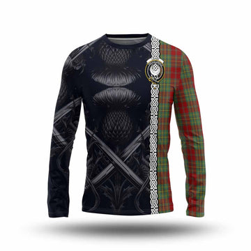 Leask Tartan Long Sleeve T-Shirt with Family Crest Cross Sword Thistle Celtic Vibes