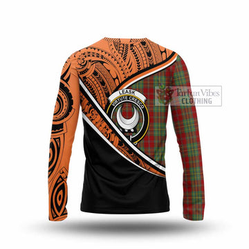 Leask Crest Tartan Long Sleeve T-Shirt with Polynesian Vibes Style - Orange Version