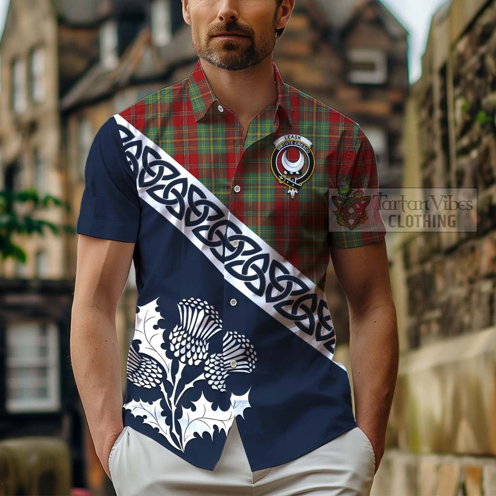 Tartan Vibes Clothing Leask Tartan Short Sleeve Button Shirt Featuring Thistle and Scotland Map