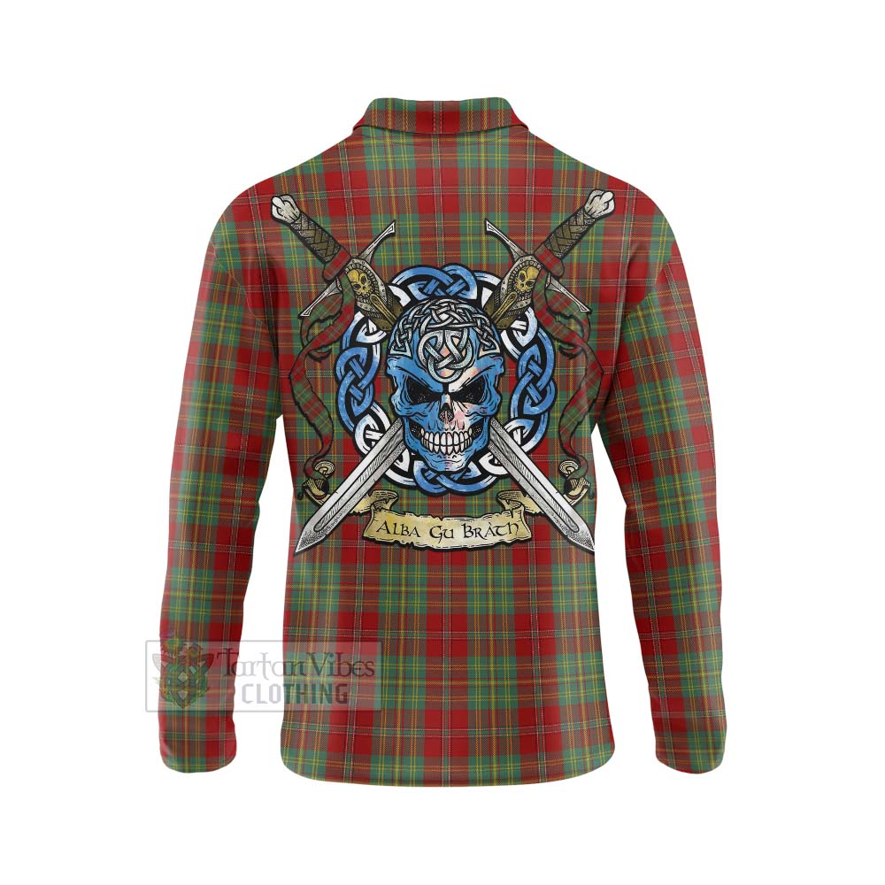 Tartan Vibes Clothing Leask Tartan Long Sleeve Polo Shirt with Family Crest Celtic Skull Style