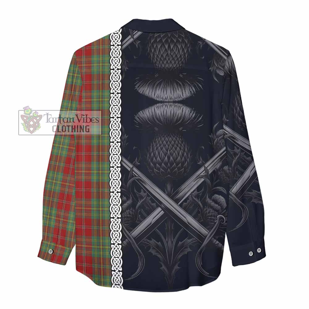 Leask Tartan Women's Casual Shirt with Family Crest Cross Sword Thistle Celtic Vibes - Tartan Vibes Clothing