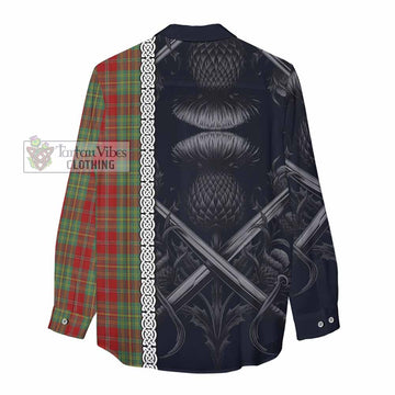 Leask Tartan Women's Casual Shirt with Family Crest Cross Sword Thistle Celtic Vibes - Tartan Vibes Clothing