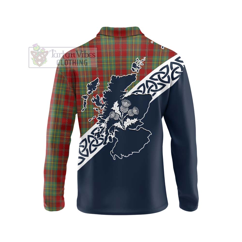 Tartan Vibes Clothing Leask Tartan Long Sleeve Polo Shirt Featuring Thistle and Scotland Map