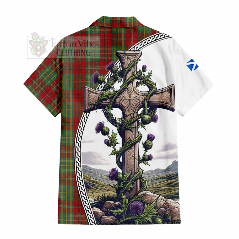 Tartan Vibes Clothing Leask Tartan Short Sleeve Button Shirt with Family Crest and St. Andrew's Cross Accented by Thistle Vines