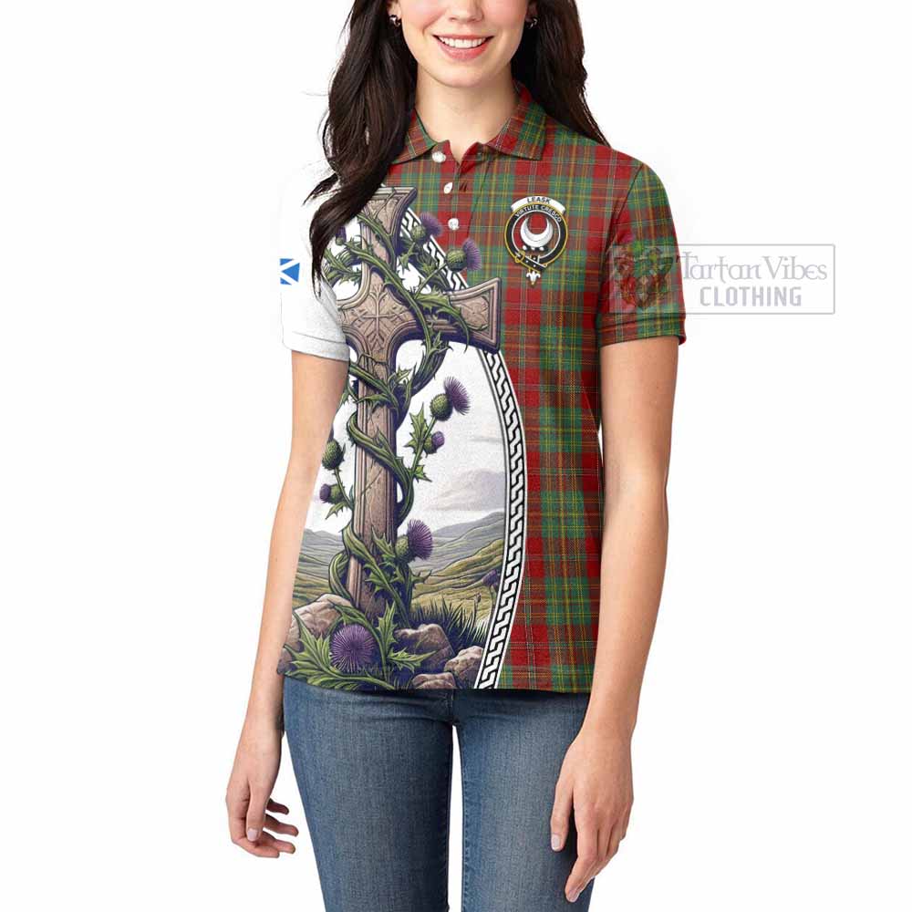 Tartan Vibes Clothing Leask Tartan Women's Polo Shirt with Family Crest and St. Andrew's Cross Accented by Thistle Vines