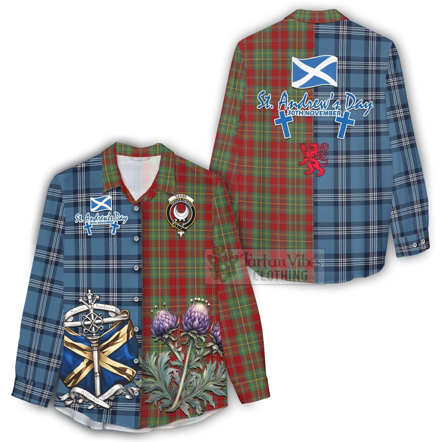 Tartan Vibes Clothing Leask Tartan Women's Casual Shirt Happy St. Andrew's Day Half Tartan Style