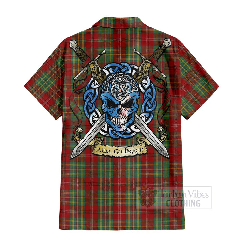 Tartan Vibes Clothing Leask Tartan Short Sleeve Button Shirt with Family Crest Celtic Skull Style