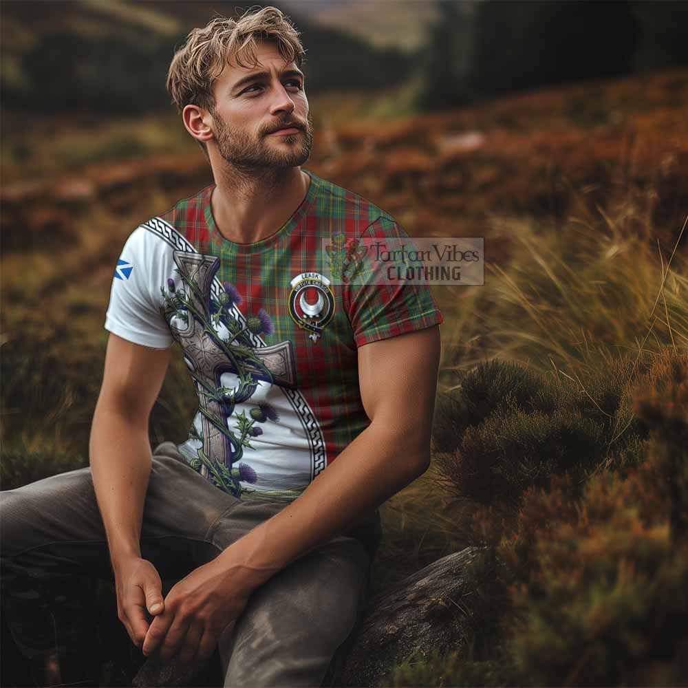 Tartan Vibes Clothing Leask Agnew Tartan T-Shirt with Family Crest and St. Andrew's Cross Accented by Thistle Vines