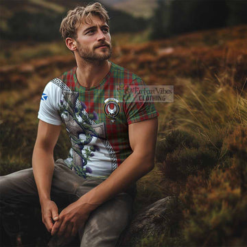 Leask Tartan T-Shirt with Family Crest and St. Andrew's Cross Accented by Thistle Vines