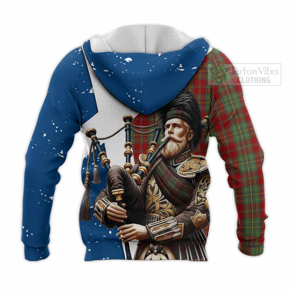 Tartan Vibes Clothing Leask Tartan Knitted Hoodie with Family Crest Scottish Bagpiper Vibes