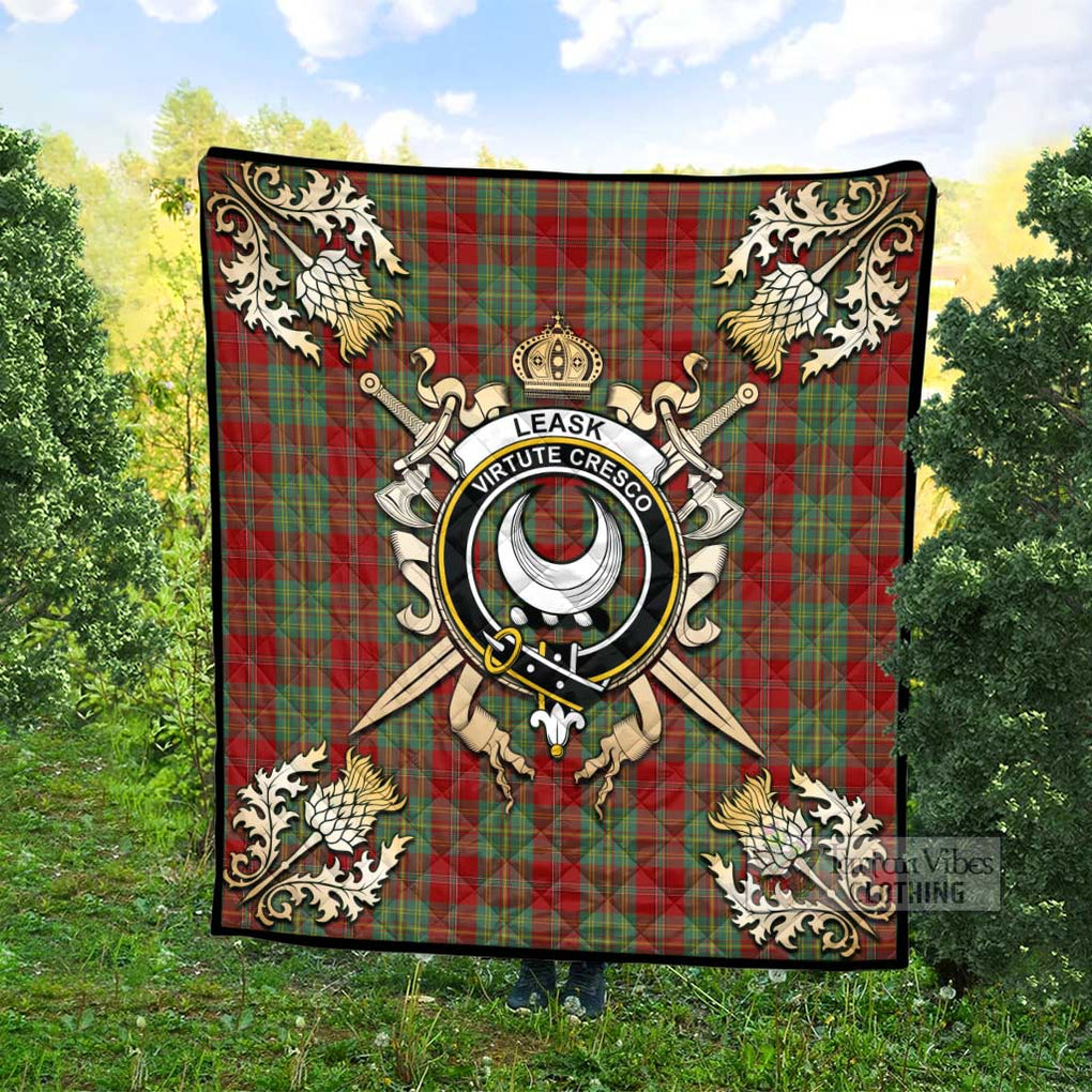 Tartan Vibes Clothing Leask Tartan Quilt with Family Crest and Scottish Golden Courage Shield