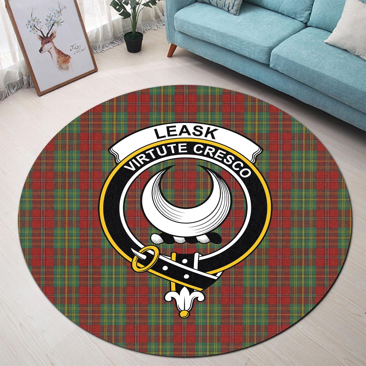 leask-tartan-round-rug-with-family-crest