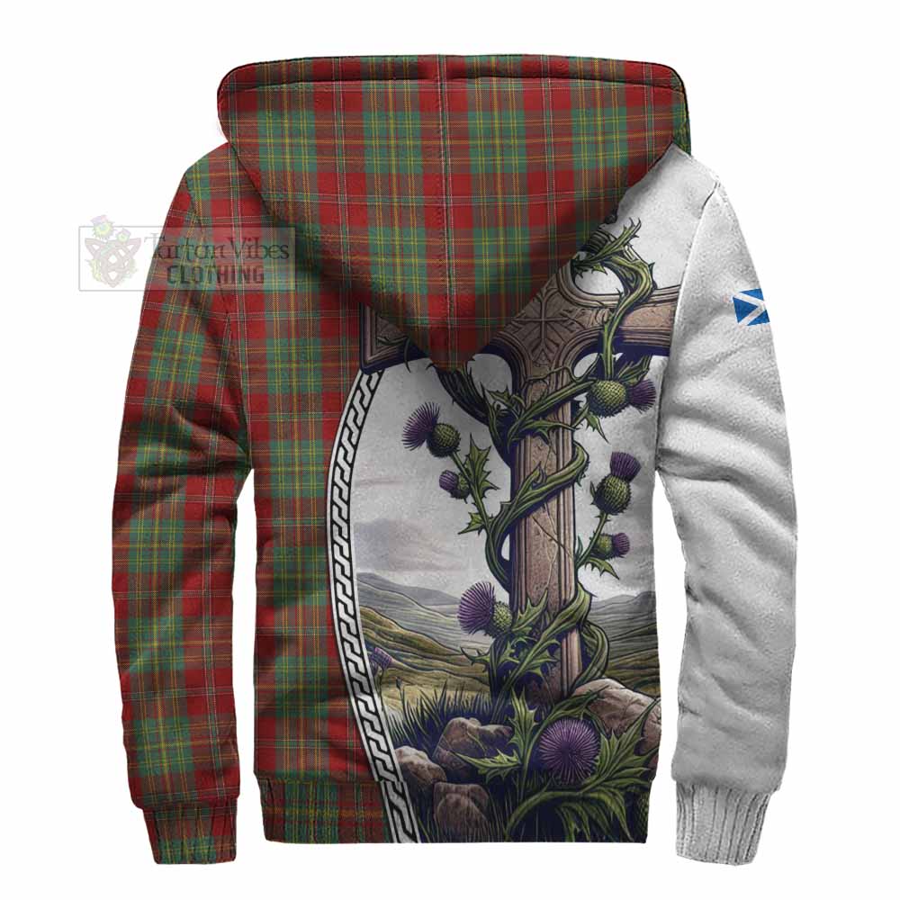 Tartan Vibes Clothing Leask Tartan Sherpa Hoodie with Family Crest and St. Andrew's Cross Accented by Thistle Vines