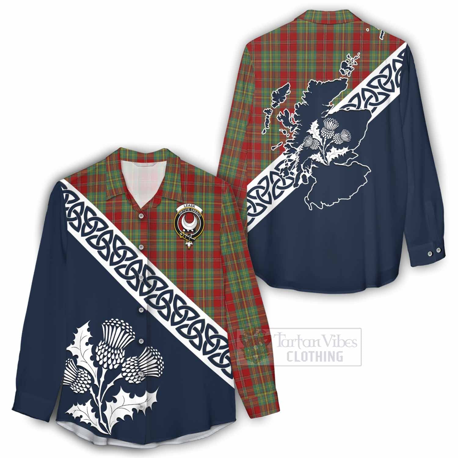 Tartan Vibes Clothing Leask Tartan Women's Casual Shirt Featuring Thistle and Scotland Map