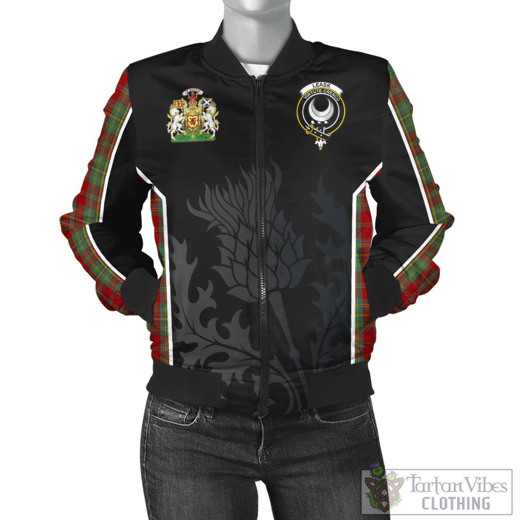 Tartan Vibes Clothing Leask Tartan Bomber Jacket with Family Crest and Scottish Thistle Vibes Sport Style