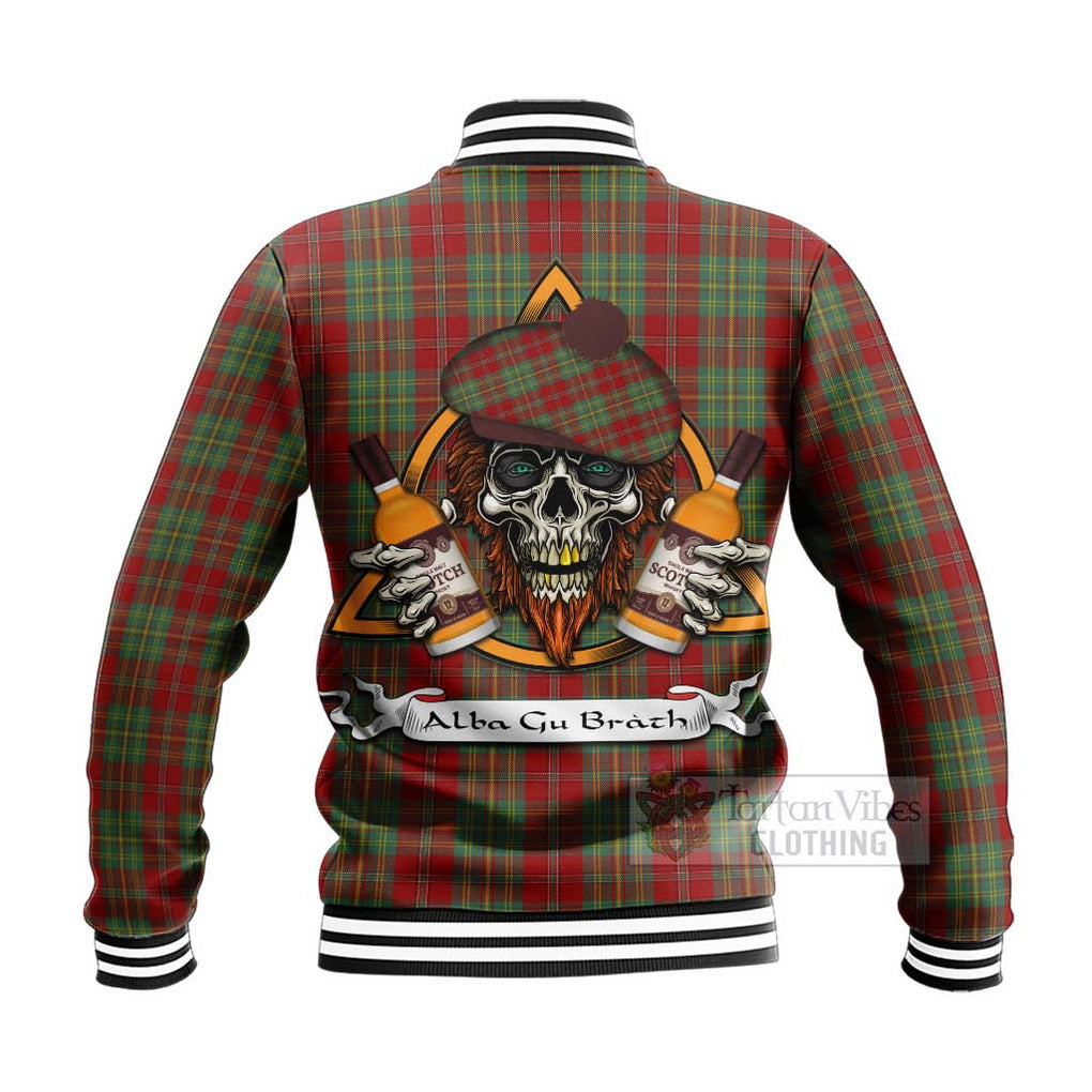 Tartan Vibes Clothing Leask Tartan Baseball Jacket with Family Crest and Bearded Skull Holding Bottles of Whiskey