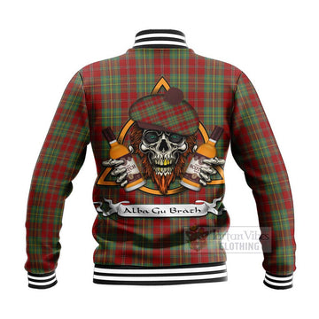 Leask Tartan Baseball Jacket with Family Crest and Bearded Skull Holding Bottles of Whiskey