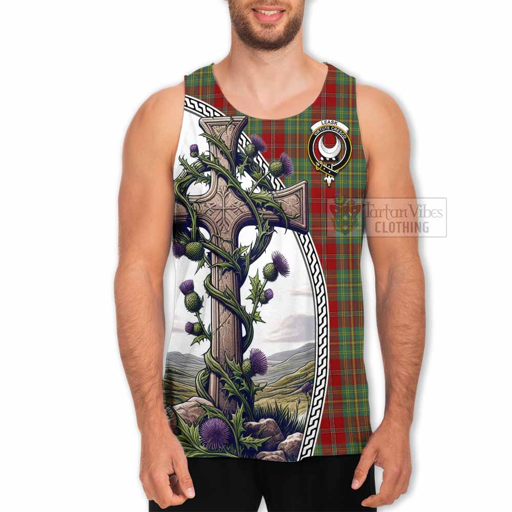 Tartan Vibes Clothing Leask Tartan Men's Tank Top with Family Crest and St. Andrew's Cross Accented by Thistle Vines