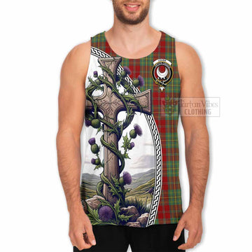 Leask Tartan Men's Tank Top with Family Crest and St. Andrew's Cross Accented by Thistle Vines