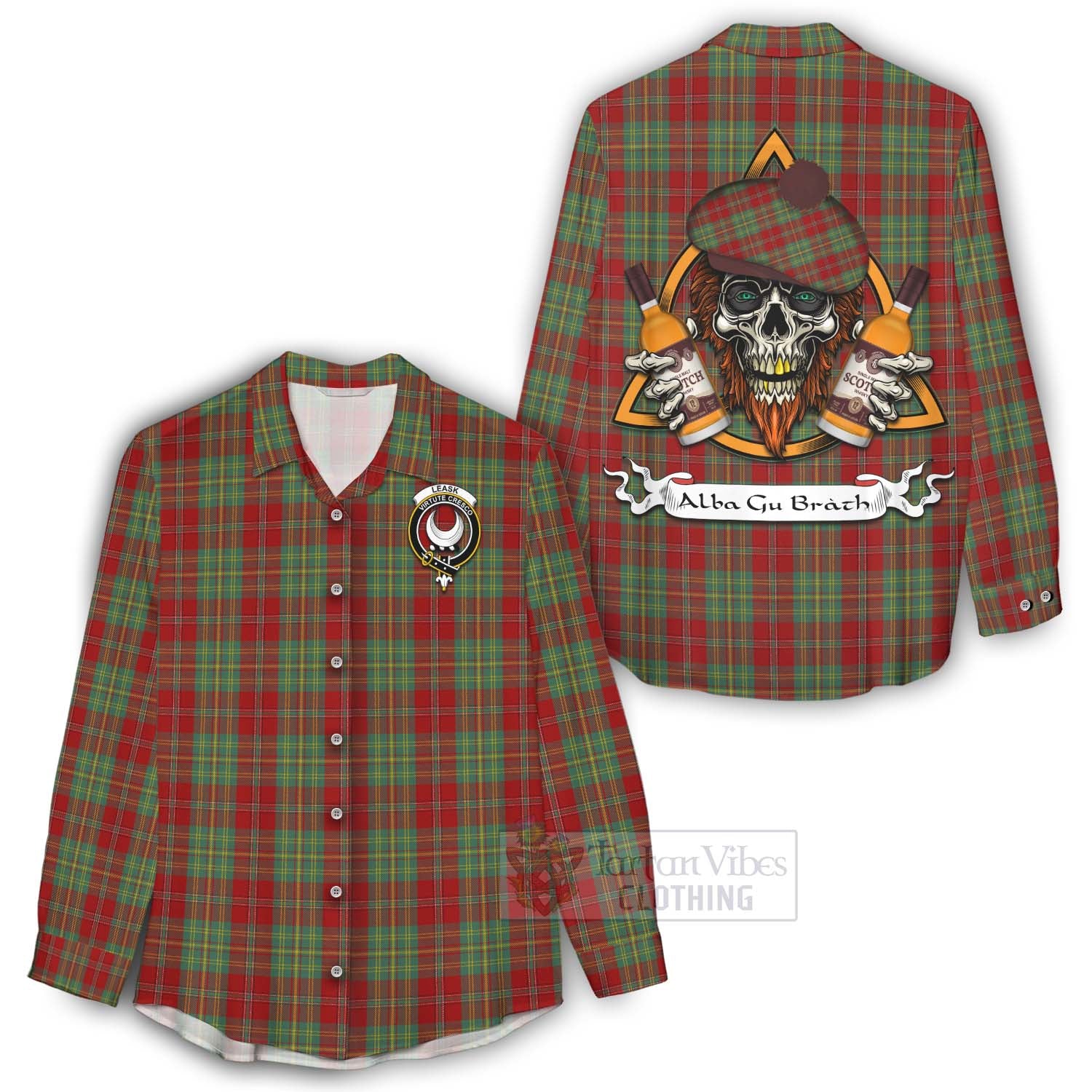 Tartan Vibes Clothing Leask Tartan Women's Casual Shirt with Family Crest and Bearded Skull Holding Bottles of Whiskey