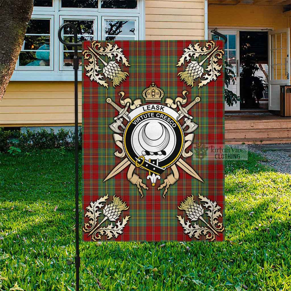 Tartan Vibes Clothing Leask Tartan Flag with Family Crest and Golden Thistle Crossed Sword Design