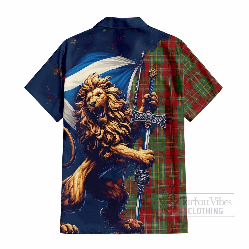 Tartan Vibes Clothing Leask Tartan Family Crest Short Sleeve Button Shirt with Scottish Majestic Lion