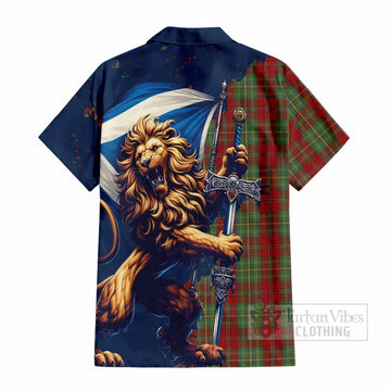 Leask Tartan Family Crest Short Sleeve Button Shirt with Scottish Majestic Lion