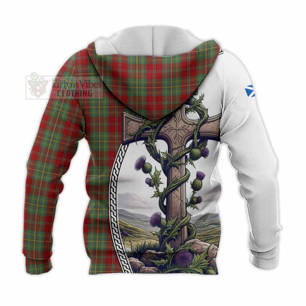 Tartan Vibes Clothing Leask Tartan Knitted Hoodie with Family Crest and St. Andrew's Cross Accented by Thistle Vines