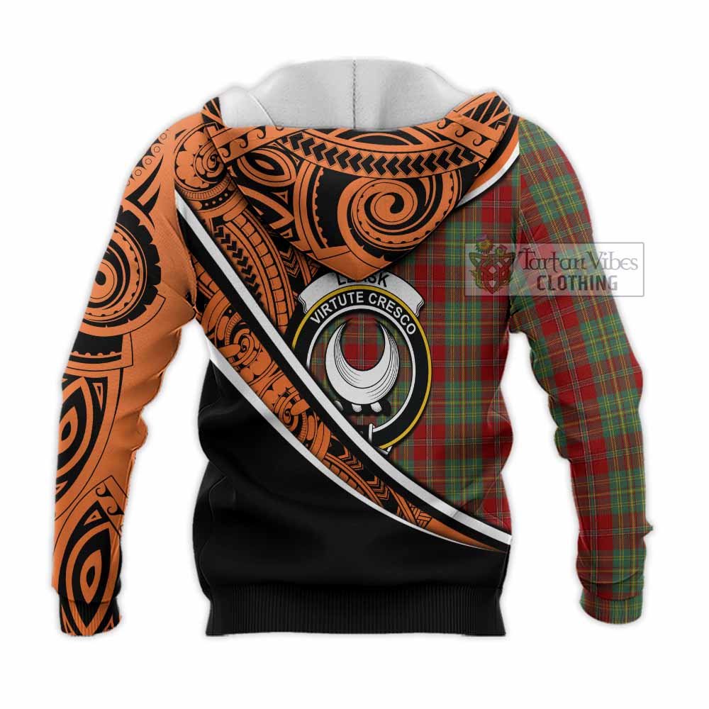 Tartan Vibes Clothing Leask Crest Tartan Knitted Hoodie with Maori Tattoo Style - Orange Version