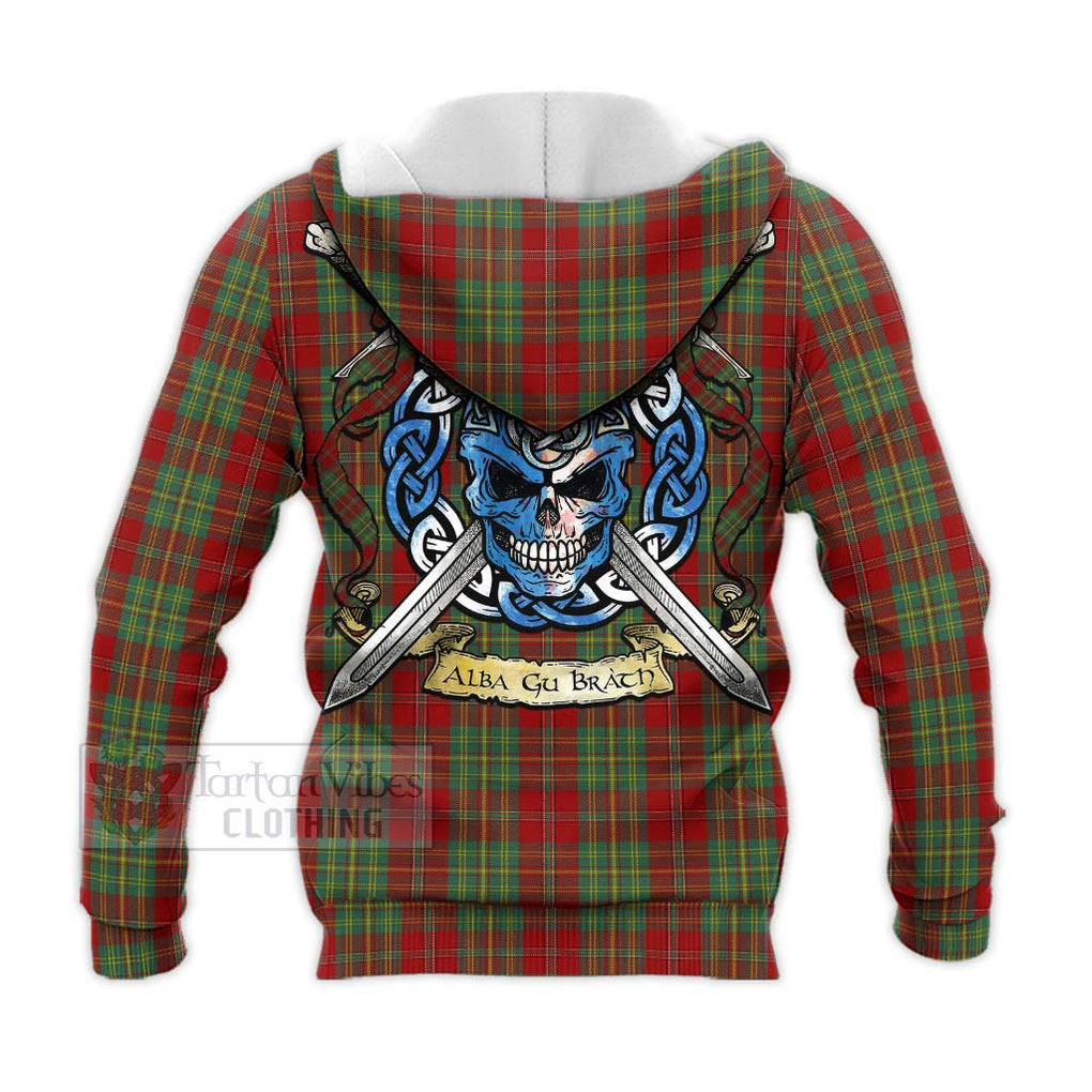 Tartan Vibes Clothing Leask Tartan Knitted Hoodie with Family Crest Celtic Skull Style