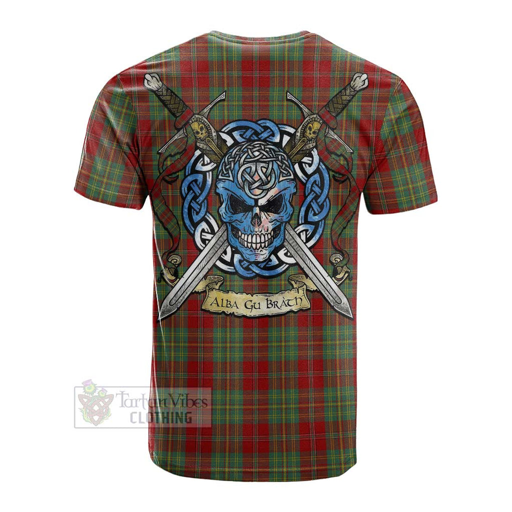 Tartan Vibes Clothing Leask Tartan Cotton T-shirt with Family Crest Celtic Skull Style