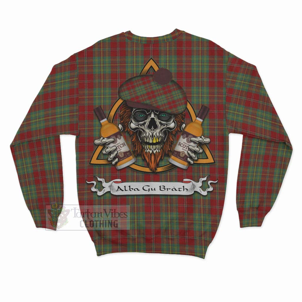 Tartan Vibes Clothing Leask Tartan Sweatshirt with Family Crest and Bearded Skull Holding Bottles of Whiskey