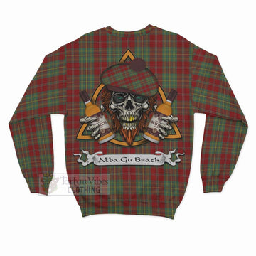 Leask Tartan Sweatshirt with Family Crest and Bearded Skull Holding Bottles of Whiskey