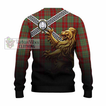 Leask Crest Tartan Knitted Sweater with Golden Lion Emblem Celtic Style - Tartan Vibes Clothing