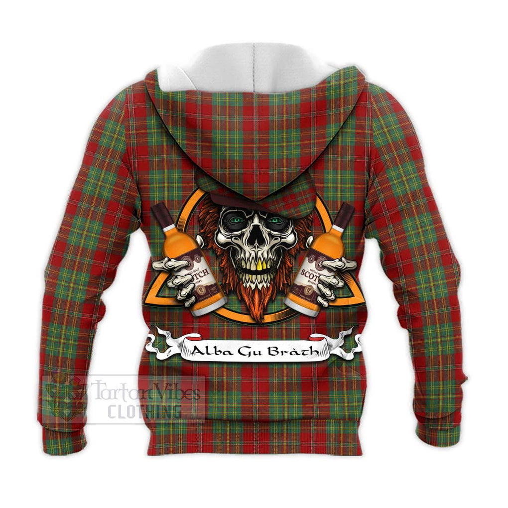 Tartan Vibes Clothing Leask Tartan Knitted Hoodie with Family Crest and Bearded Skull Holding Bottles of Whiskey